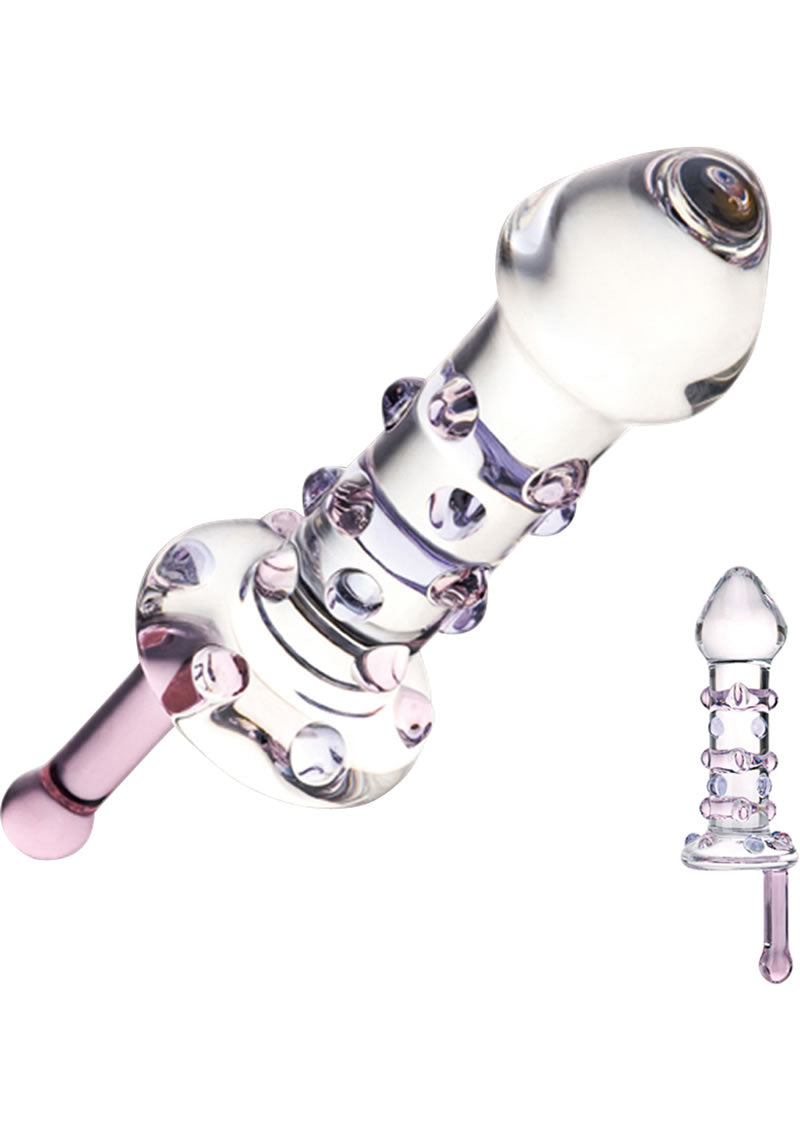 Glass smoking pipe with pink accents on a white background