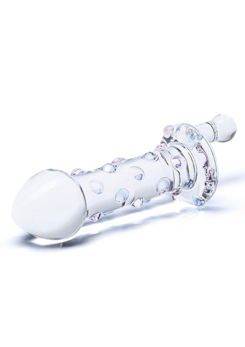 Clear glass dildo with white sphere on a white background