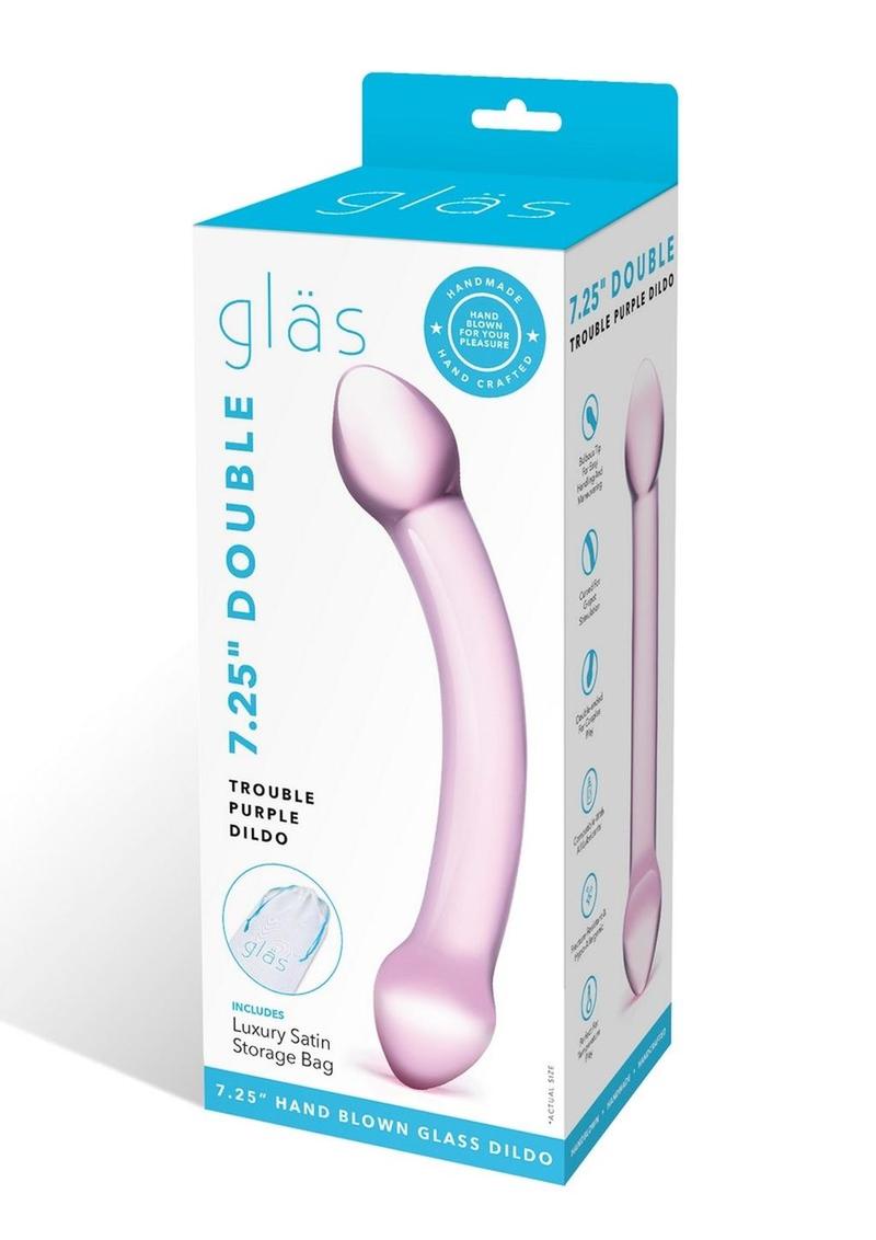 Boxed glass 7.25" Double Trouble Purple Dildo with branding and product details.