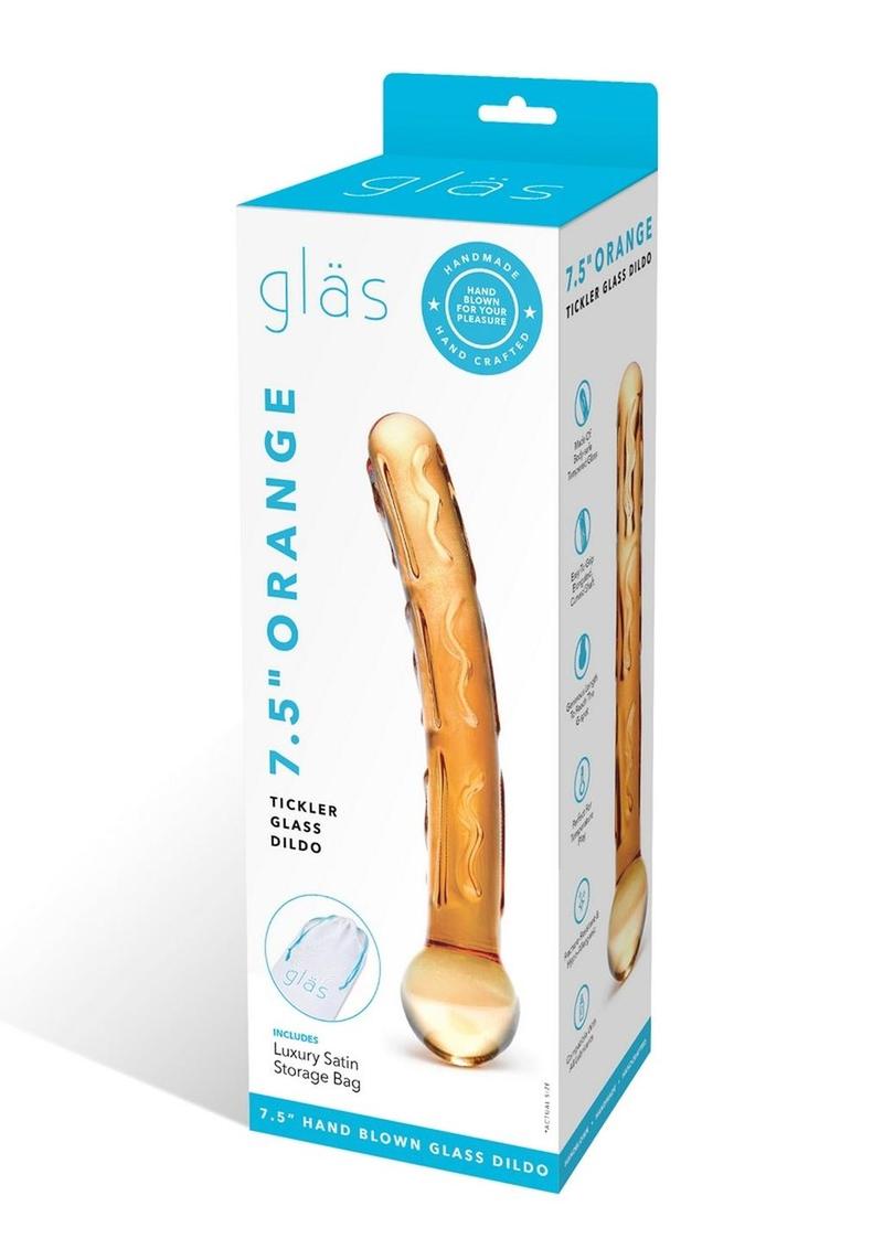 Boxed glass dildo with packaging details on a white background
