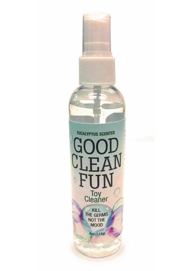 Spray bottle labeled 'Good Clean Fun Toy Cleaner' on a white background