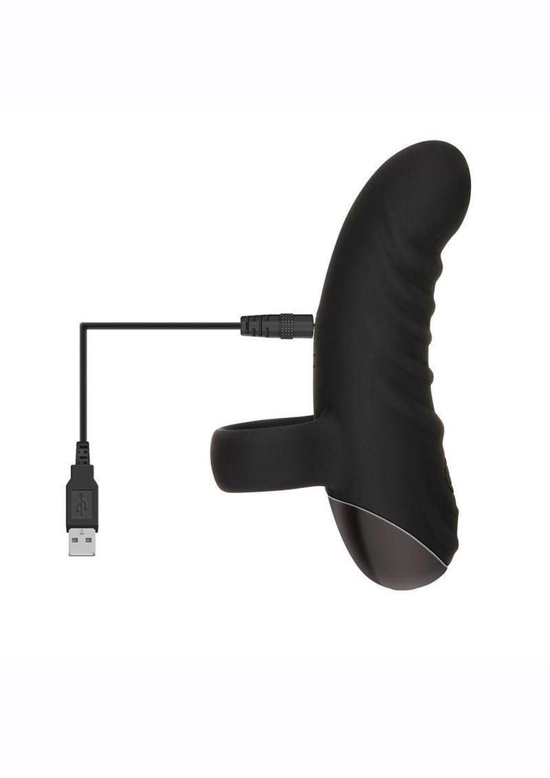 Black USB device with a cable on a white background