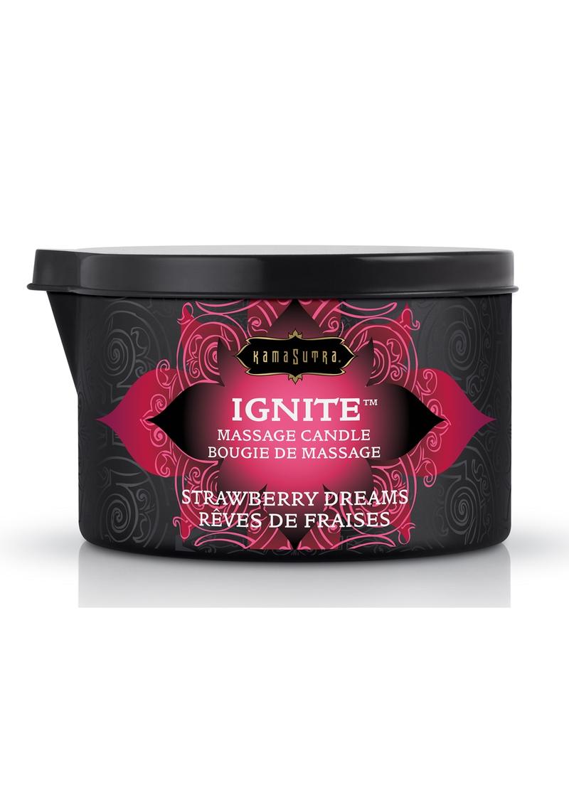 Massage candle container with 'IGNITE' and 'Strawberry Dreams' text on a white background