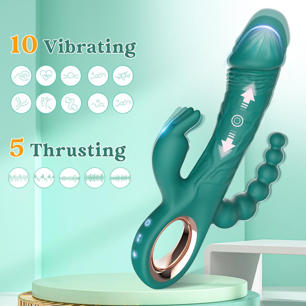 Green and rose gold electronic device with '10 Vibrating' and '5 Thrusting' features on a light green background.